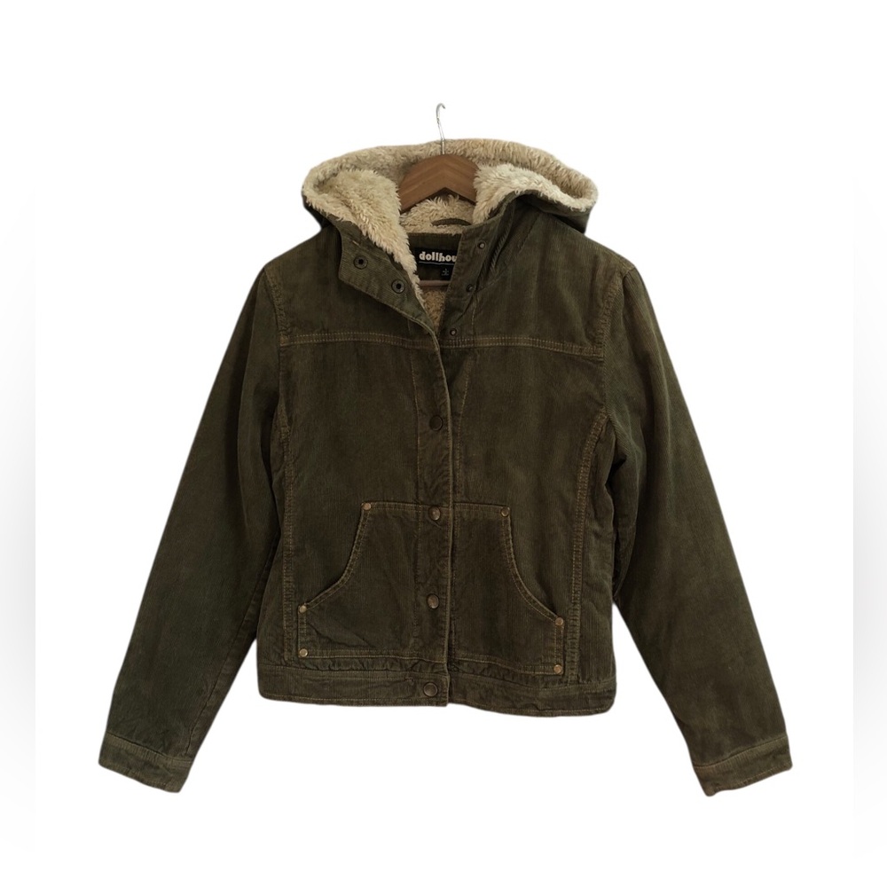 Vintage Y2K Dollhouse Olive Green Hooded Teddy Sherpa-Lined Bomber Jacket